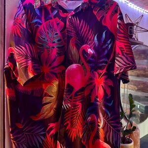 Pink and Red Casual Button Down Shirt with Tropical Print